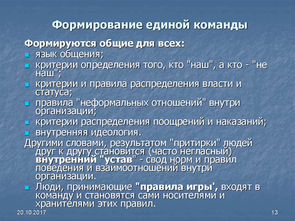 Внутри команды. Создание Единой команды. Правила внутри команды. Правила взаимодействия внутри команды. Критерии определения общения.