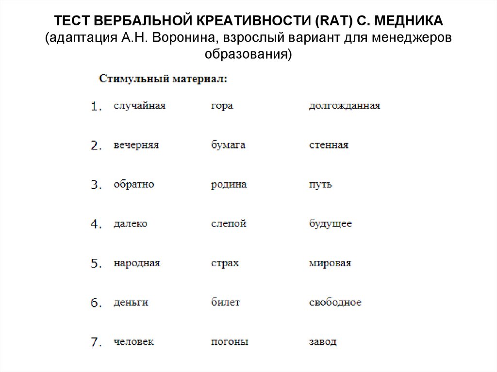 Тест креативных. Тест креативности медника. Методика вербальной креативности. Тест вербальной креативности (rat) с.медника. (Взрослый вариант).. Диагностика вербальной креативности методика.