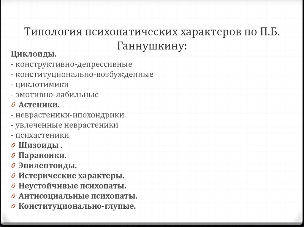 Типология характера. Типология психопатических характеров Ганнушкина. Типологию характеров п. Ганнушкина. Ганнушкин типология личности. Акцентуации Ганнушкин.