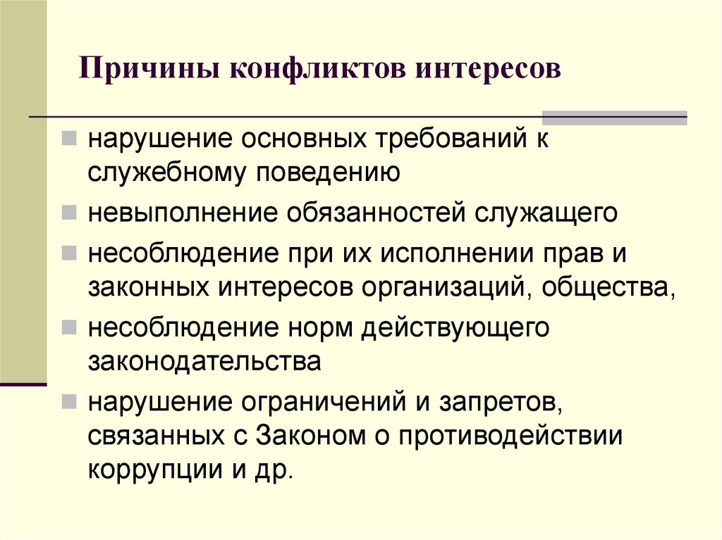 Причины возникновения и порядок урегулирования конфликта интересов в уис презентация