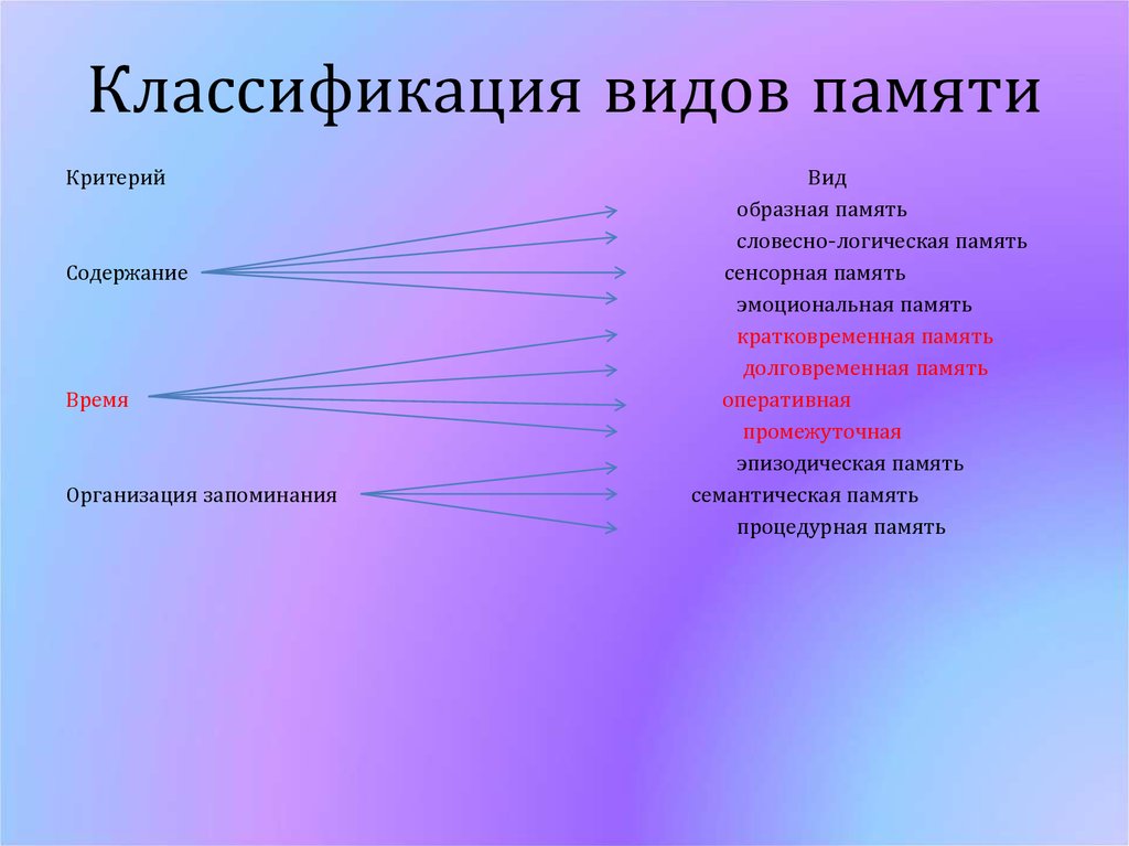 Содержание памяти. Виды памяти образная. Классификация видов памяти критерии классификации. Виды памяти образная словесно-логическая. Словесно логический вид памяти.