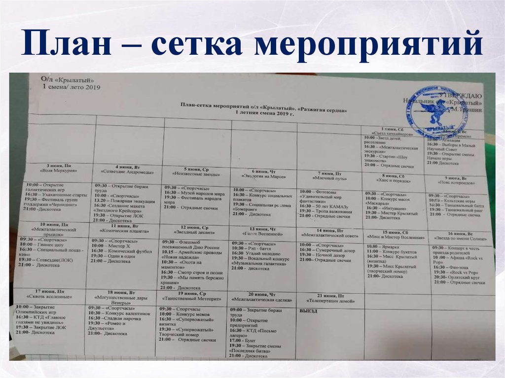 Календарный план в лагере на 21 день дневного пребывания