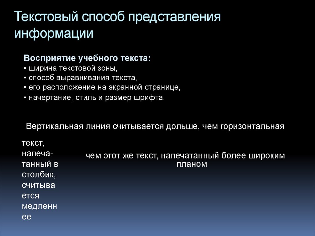 Текстовый метод. Текстовый способ представления информации. Способы представления учебной информации. Способы представления текста. Способы текстовой организации информации.