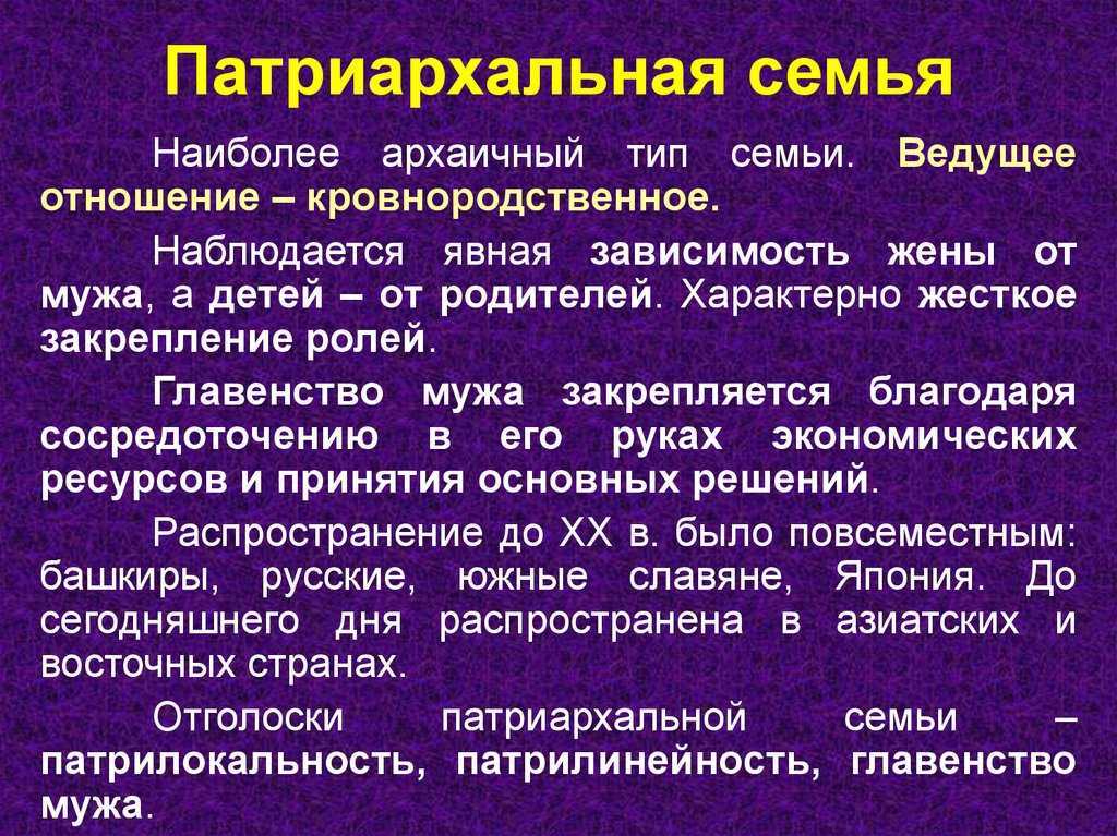 Патриархальная семья. Матриархальная семья. Признаки патриархальной традиционной семьи. Признакипатрирхальной семьи. Функции семьи.