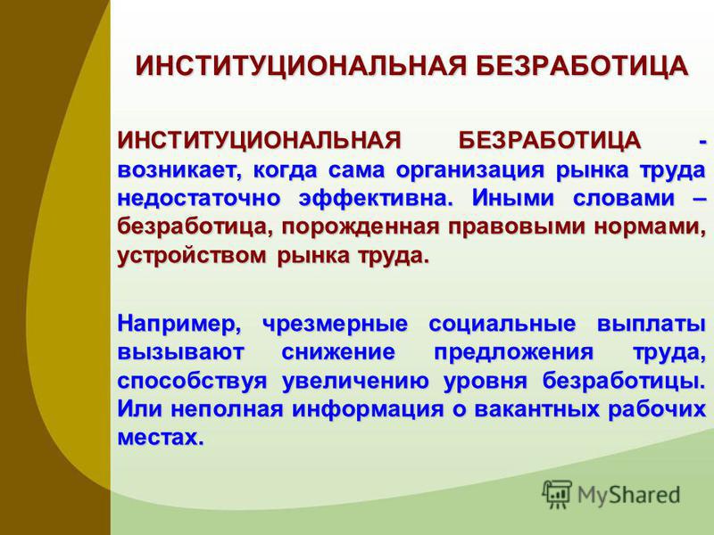 Техническим прогресс безработицы. Институциональная безработица. Виды безработицы Институциональная. Институциональная безработица примеры. Причины институциональной безработицы.