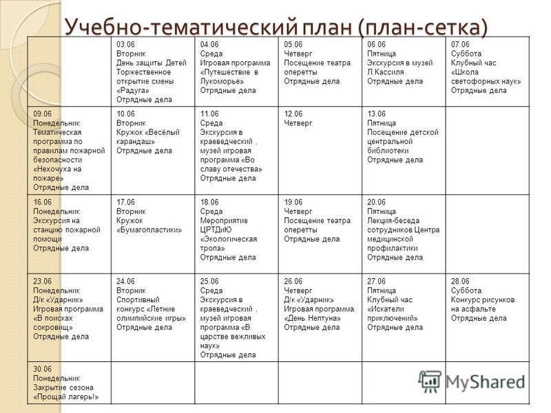 План сетка на 18 дней в лагере