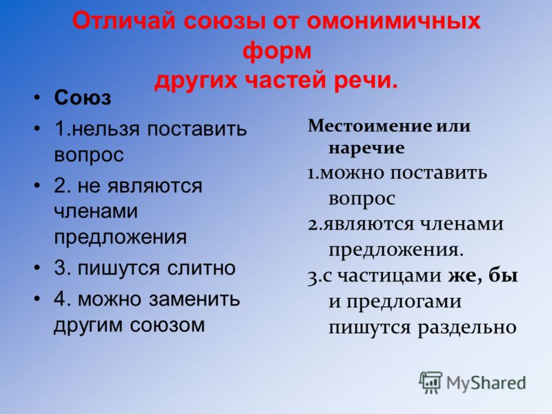 В отличие от других форм. Правописание омонимичных частей речи. Омонимичные части речи. Как отличить Союз от омонимичных частей речи. Правописание союзов и омонимичных слов.