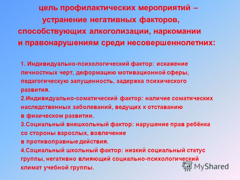 Индивидуально профилактическая работа с обучающимися. Мероприятия профилактической направленности. Факторы, способствующие возникновению наркомании..