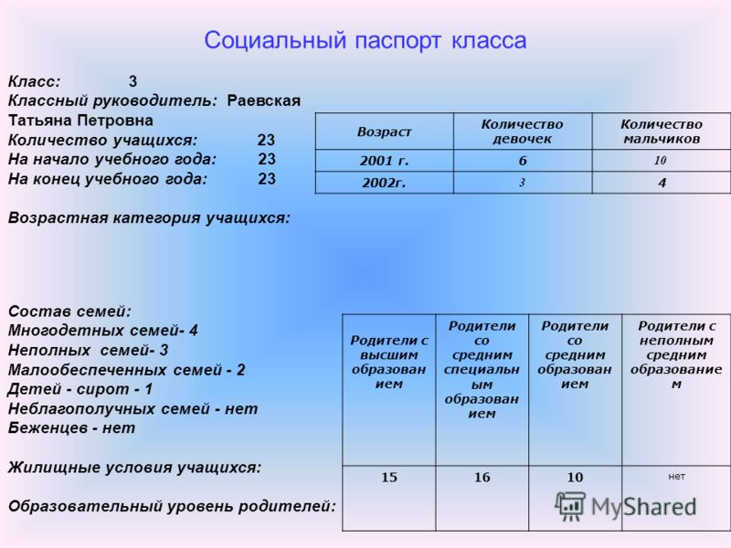 Социальный паспорт ребенка в школе образец