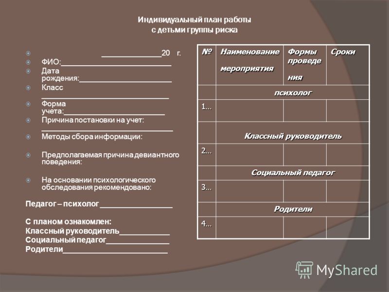 Индивидуальный план работы с детьми группы риска