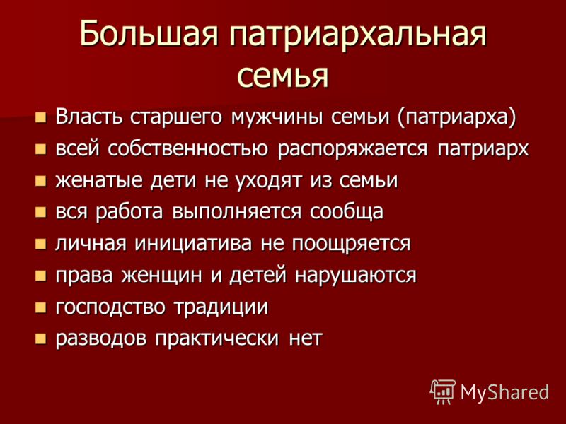 Патриархальный тип семьи. Большая патриархальная семья. Характеристики патриархальной (традиционной) семьи. Власть в семье. Патриархальная власть.