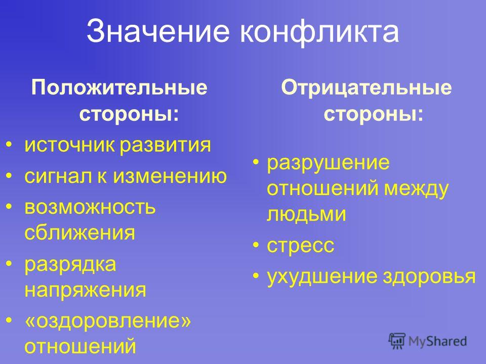 Положительное значение. Положительные и отрицательные стороны конфликта.