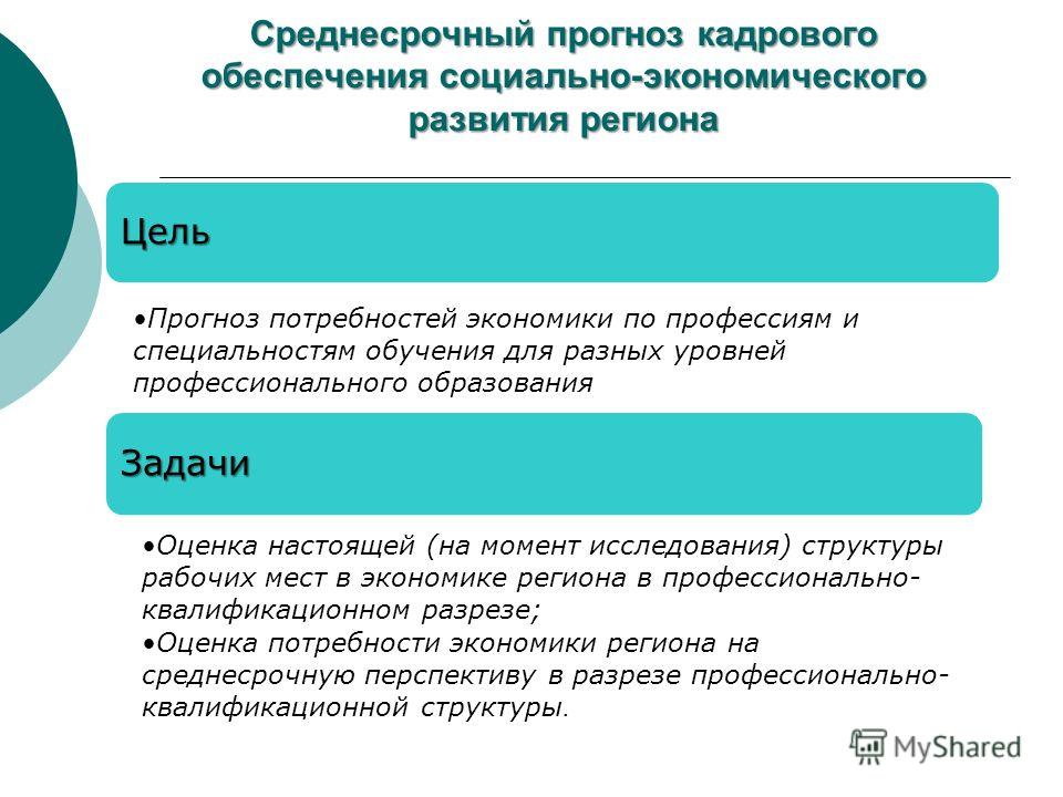 Цель региона. Среднесрочный прогноз социально-экономического. Среднесрочное прогнозирование. Кадровое обеспечение экономики. Среднесрочные задачи профессионального развития.