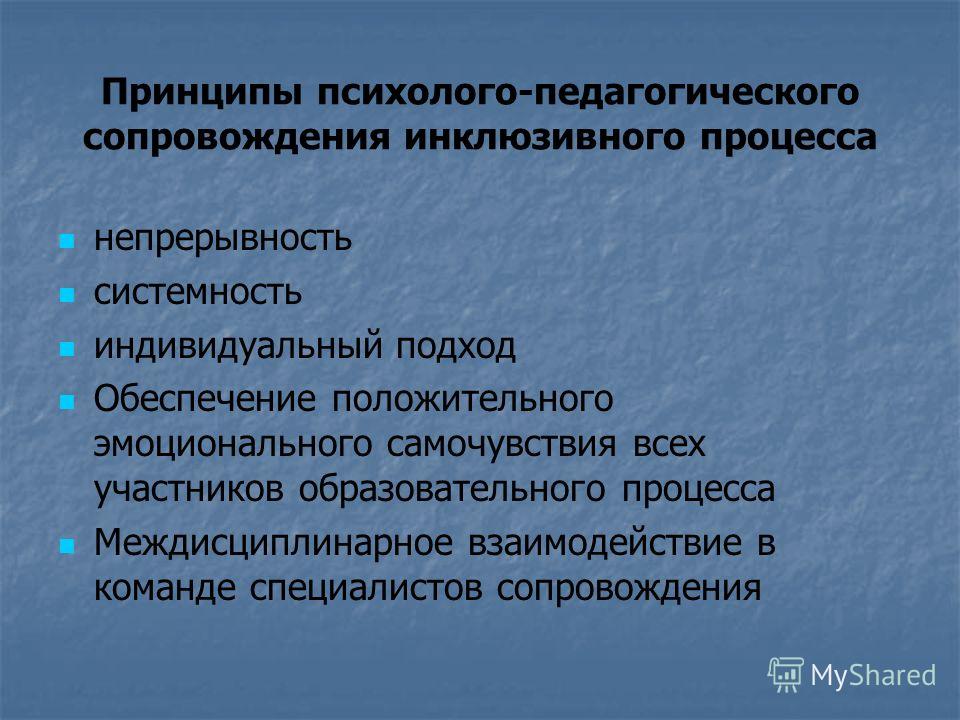 Психолого педагогического сопровождения инклюзивного. Принципы психолого-педагогического сопровождения.