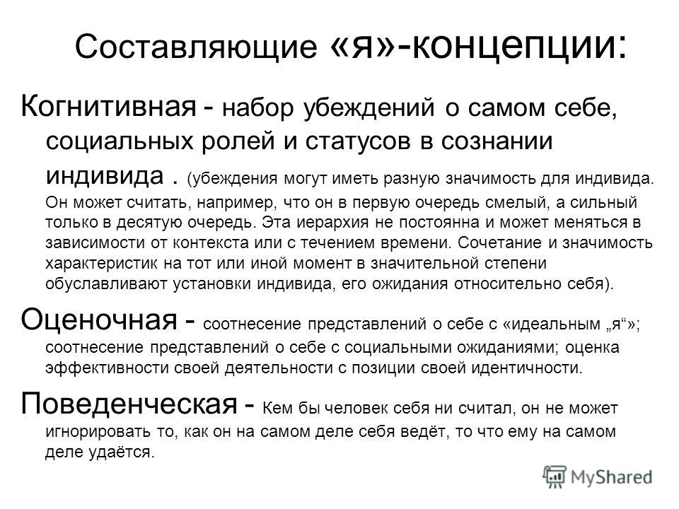 Концепция что это простыми словами. Составляющие я концепции. Поведенческая составляющая я-концепции. Когнитивная составляющая я-концепции. Компоненты я концепции.