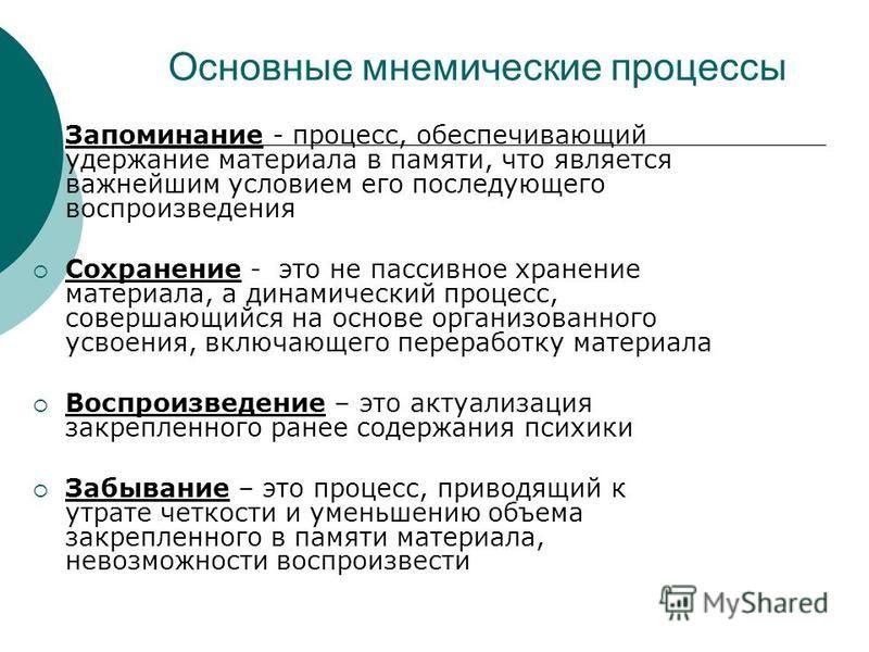 Основные процессы запоминания. Мнемические процессы. Мнемические процессы памяти. Закономерности мнемических процессов. Основные мнемические процессы в психологии.