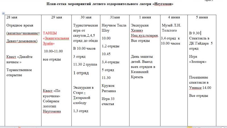 План сетка оздоровительного лагеря на 21 день