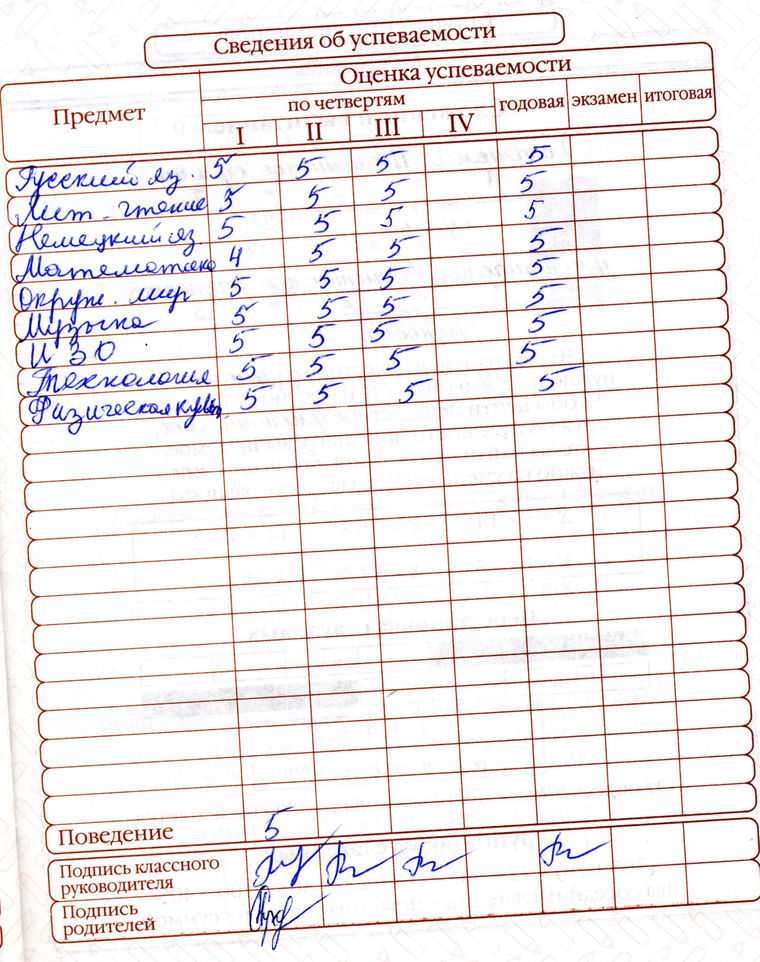 Сведения об успеваемости ученика образец личное дело