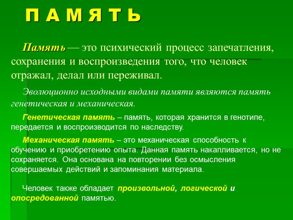 Взаимосвязь и взаимодействие различных видов памяти у человека презентация