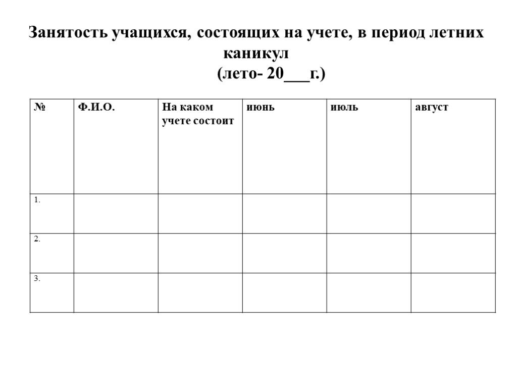 Сведения о летнем отдыхе детей по месяцам образец