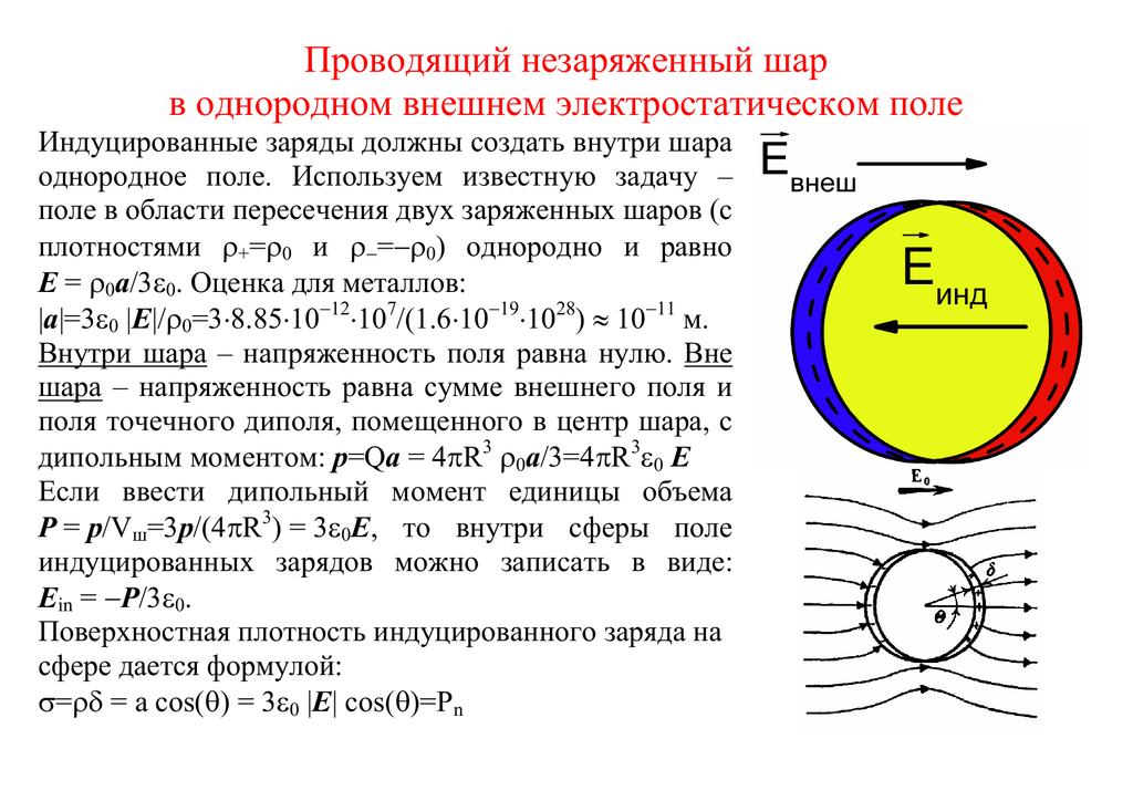 Определить объем полости внутри шара. Диэлектрический шар в однородном электрическом поле. Проводящий шар в однородном поле. Металлический шар в электрическом поле. Заряженный проводящий шар.