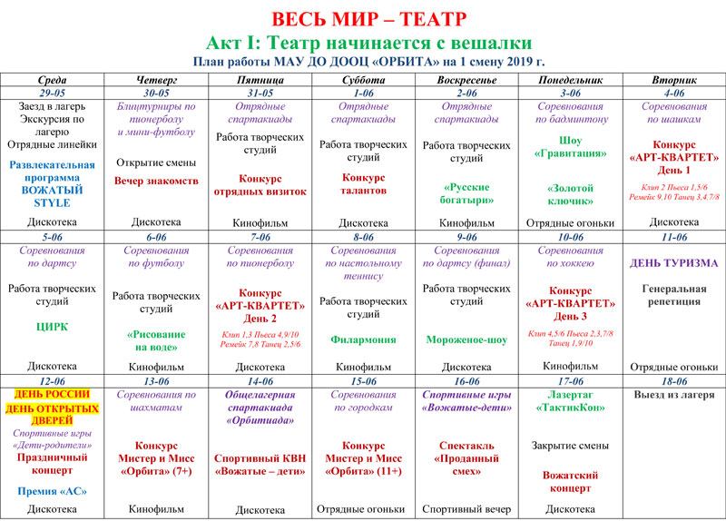 План сетка лагерной смены на 14 дней