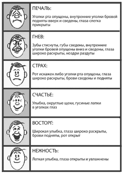 В действительности эмоции редко бывают облечены в слова; гораздо чаще они выражаются с помощью иных сигналов. Чтобы постичь чувства другого человека, нужно уметь расшифровывать информацию, передаваемую невербальными путями: интонацию голоса, жесты, выражение лица и тому подобное.