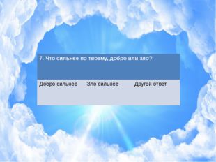 7. Что сильнее по твоему, добро или зло? Добросильнее Зло сильнее Другойответ 