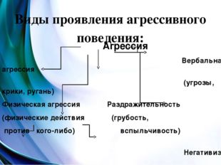 Виды проявления агрессивного поведения: Агрессия Вербальная агрессия (угрозы,