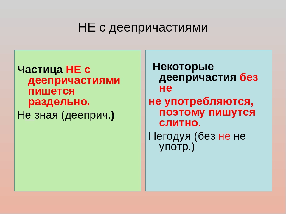 Расскажите о правописании не. Правило написания не с деепричастиями. Правила правописания не с деепричастиями. Не с деепричастиями слитно и раздельно примеры таблица. Не с деепричастиями правило таблица.