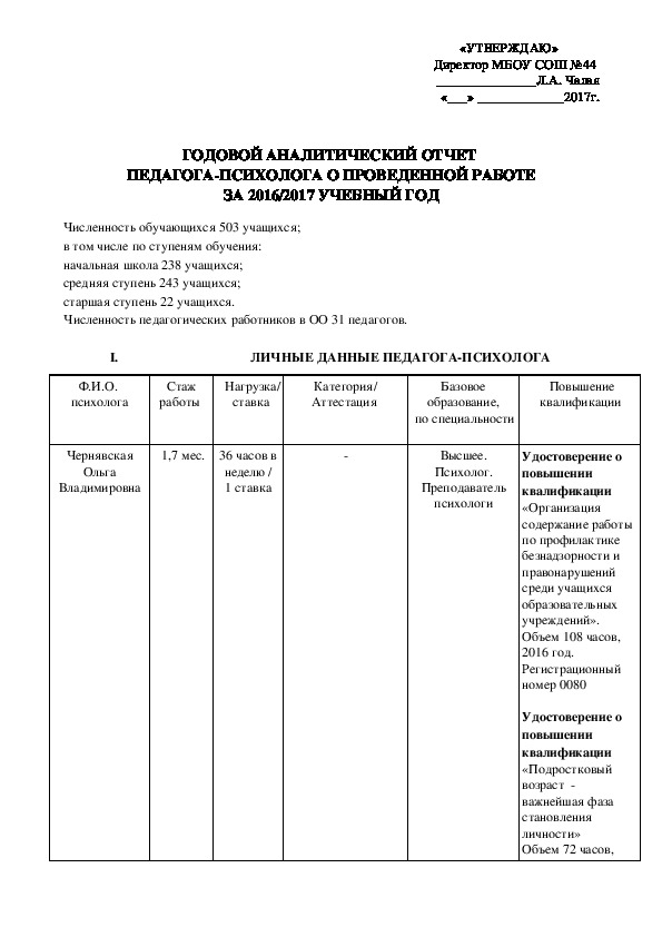 Отчет педагога психолога за учебный год