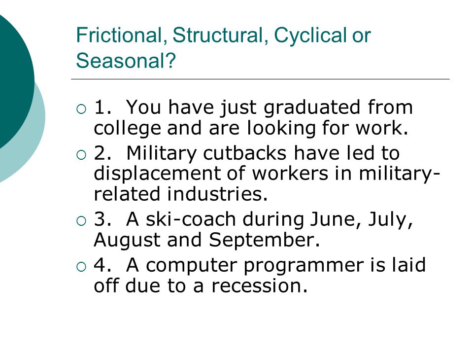 Frictional, Structural, Cyclical or Seasonal.  1.