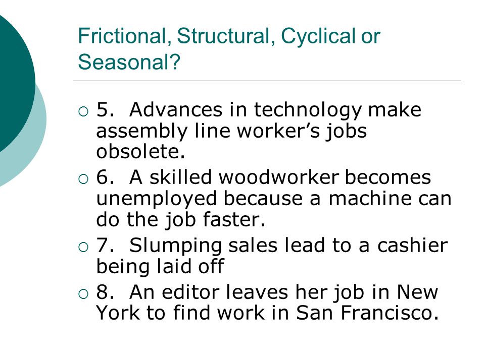 Frictional, Structural, Cyclical or Seasonal.  5.