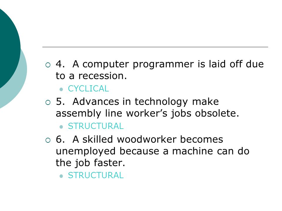  4. A computer programmer is laid off due to a recession.