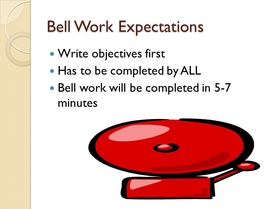 Bell Work Expectations Write objectives first Has to be completed by ALL Bell work will be completed in 5-7 minutes