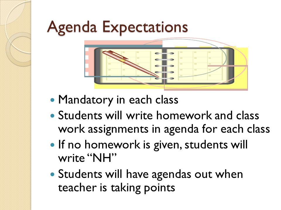 Agenda Expectations Mandatory in each class Students will write homework and class work assignments in agenda for each class If no homework is given, students will write NH Students will have agendas out when teacher is taking points